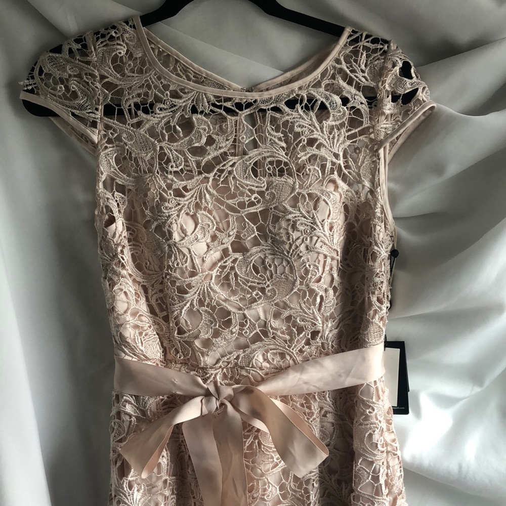 Adrianna Papell Full length Cap Sleeve Lace dress Almond color. Size 6